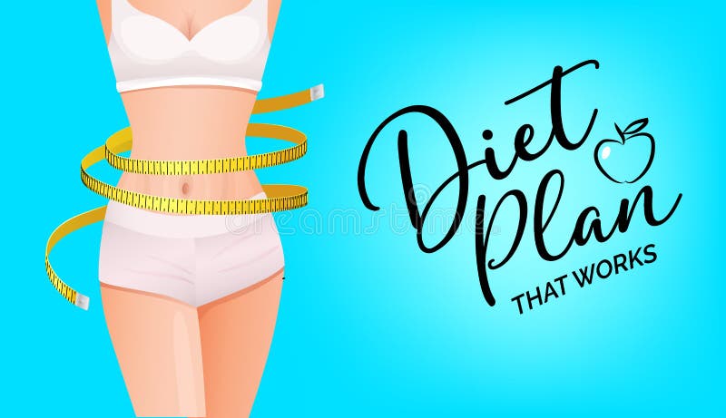 Slender woman body with yellow measure tape at waist - Diet Plan banner