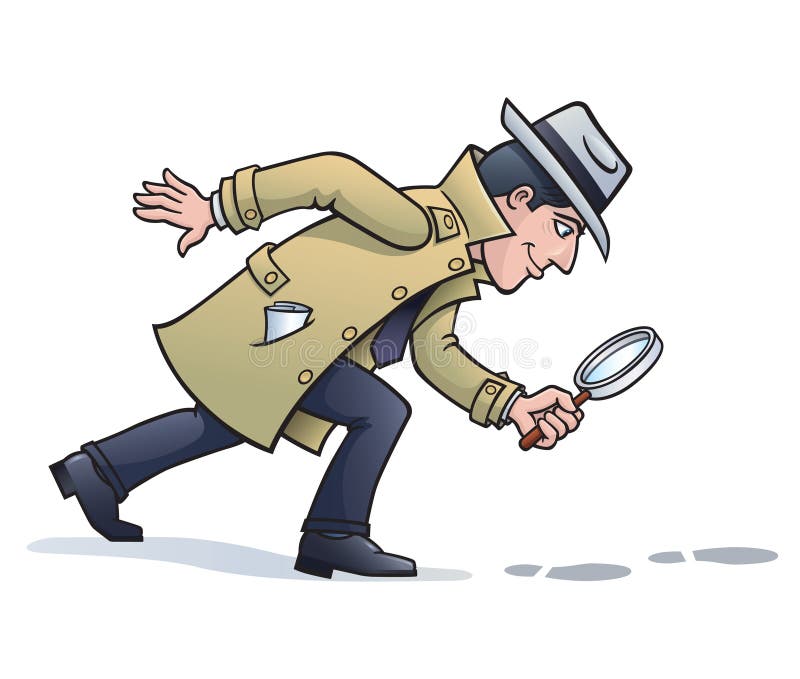 Cartoon illustration of a retro looking sleuth character wearing a hat and trench coat and holding a magnifying glass, looking for clues and seeing footprints on the ground. Cartoon illustration of a retro looking sleuth character wearing a hat and trench coat and holding a magnifying glass, looking for clues and seeing footprints on the ground.