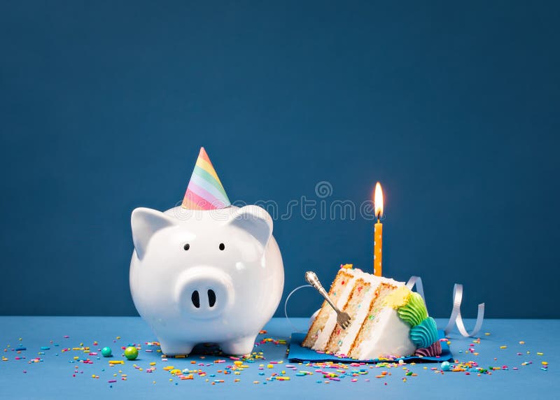Slice of Birthday Cake with Piggy Bank