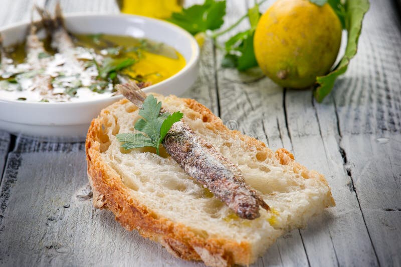 Slice bread with anchovy royalty free stock photo