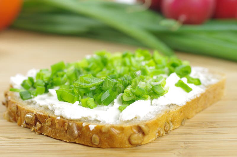 Slice of bread with cottage cheese royalty free stock photo