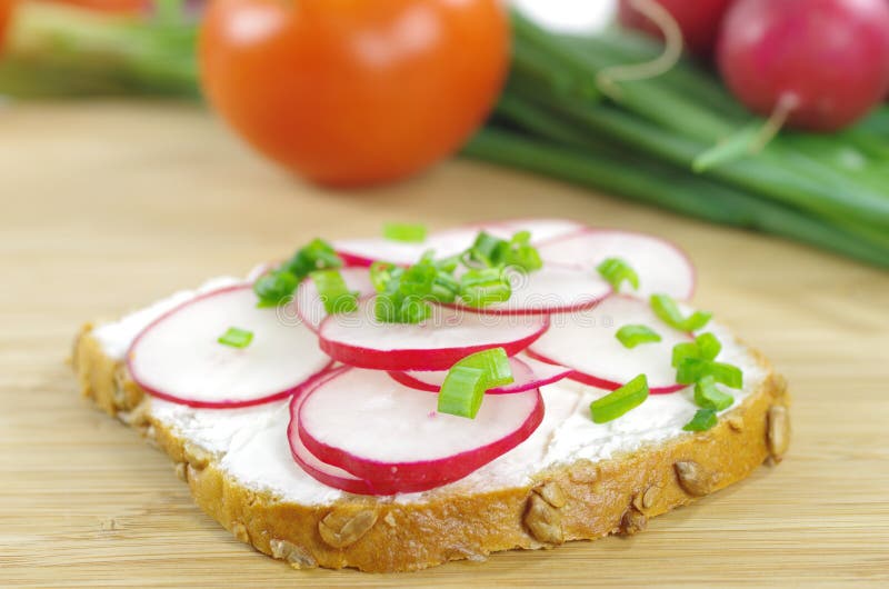 Slice of bread with cottage cheese stock image