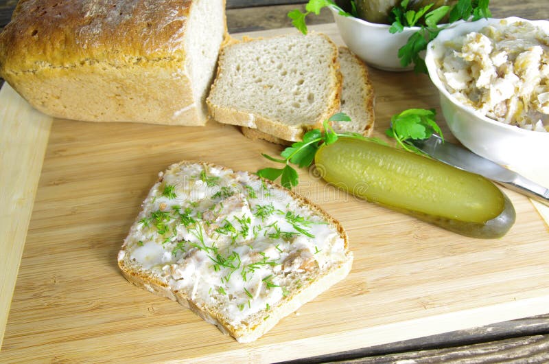 Slice of bread with lard stock photos