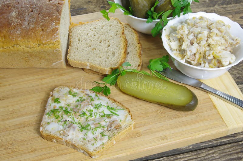 Slice of bread with lard stock photos