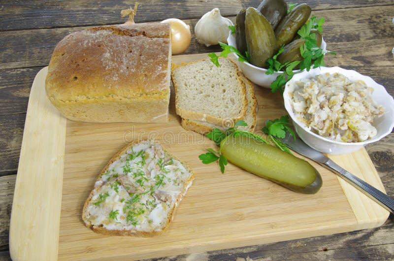Slice of bread with lard stock photo