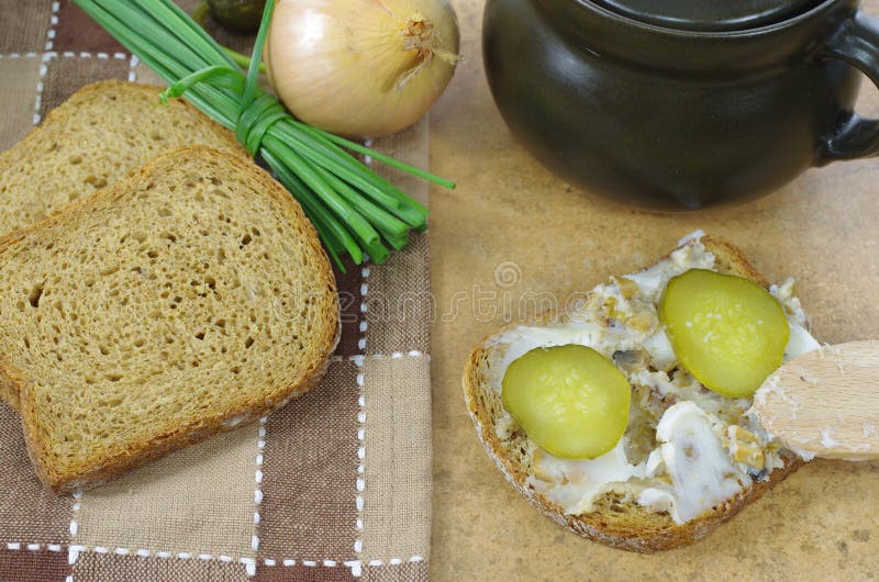 Slice of bread with lard stock images