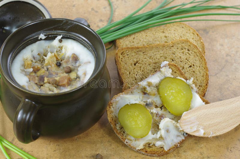 Slice of bread with lard stock image