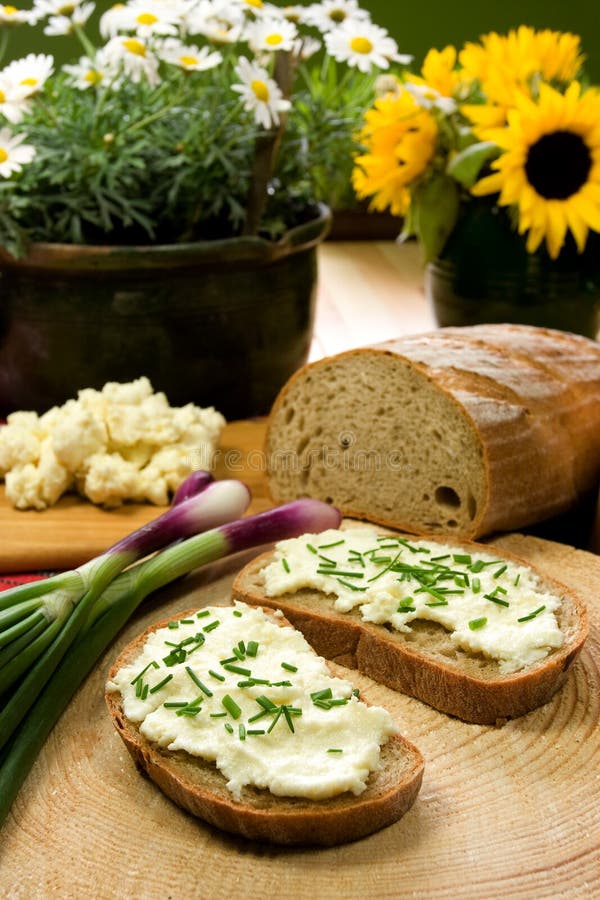 Slice of bread spread with sheep cheese