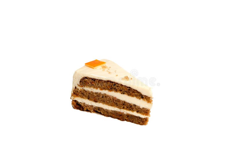 Slice of carrot cake isolated on white background, no shadow