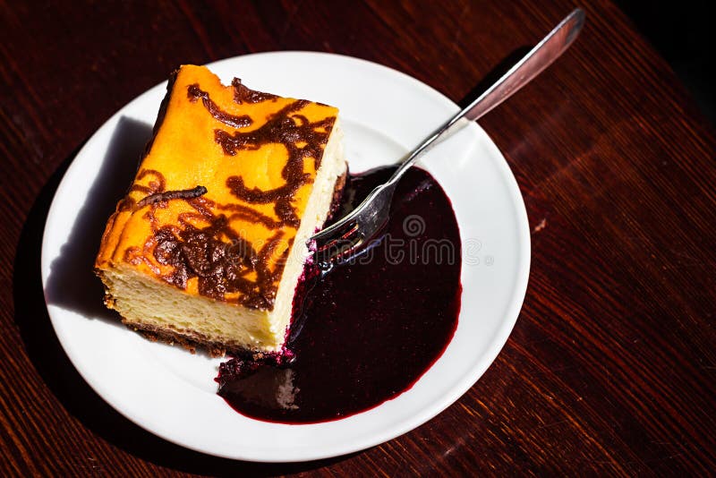 Slice Cheesecake with Blueberry Jam on Plate,brown Table,dessert Stock Image Image of dark