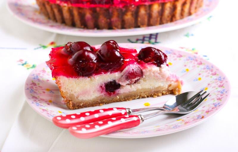 Slice of cherry cheesecake stock image. Image of food 55292659