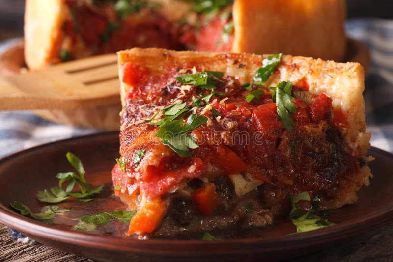 Slice of Chicago Deep Dish Pizza on a Plate Macro. Horizontal Stock Image Image of italian