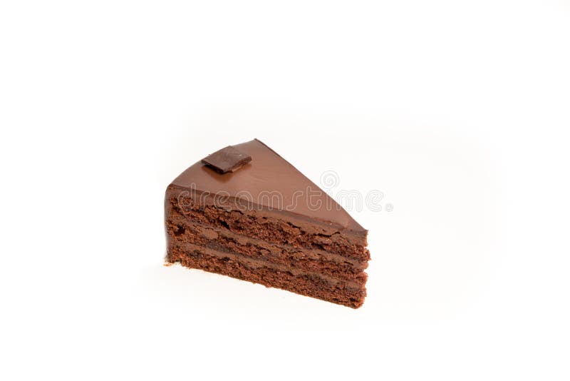 Slice of chocolate cake isolated on white background, no shadow