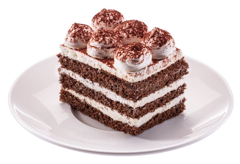 Slice of chocolate cake with tiramisu cream and cocoa powder on white plate isolated on white background