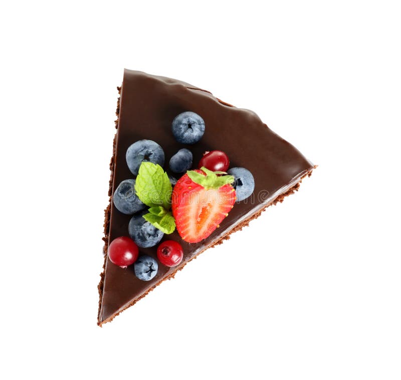 Slice of chocolate sponge cake with berries