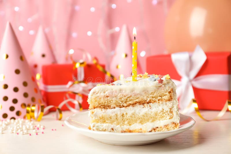 Slice of Delicious Birthday Cake with Candle Stock Photo Image of