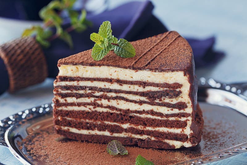 Slice of delicious chocolate cake on silver plate