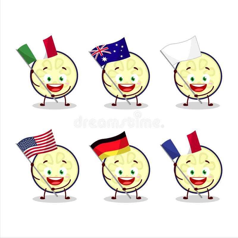 Slice of Eggplant Cartoon Character Bring the Flags of Various