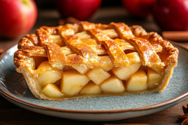 Slice of fresh apple pie with lattice crust, showing the apple filling, on a rustic table stock photography