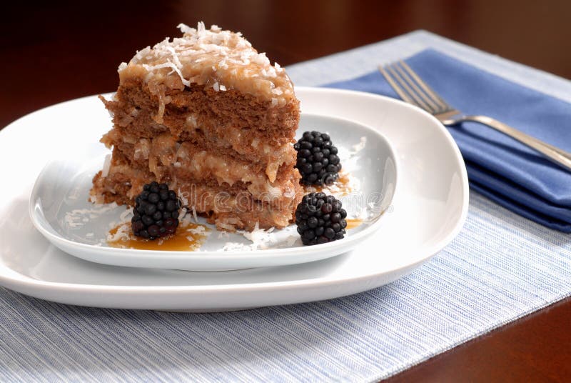 A slice of German Chocolate cake with blackberries