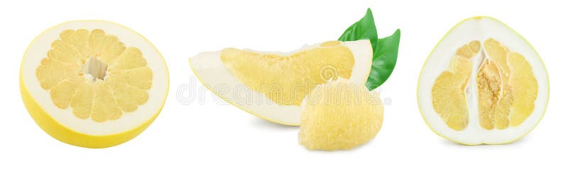 Slice and half of pomelo with leaf isolated on white background. Set or collection