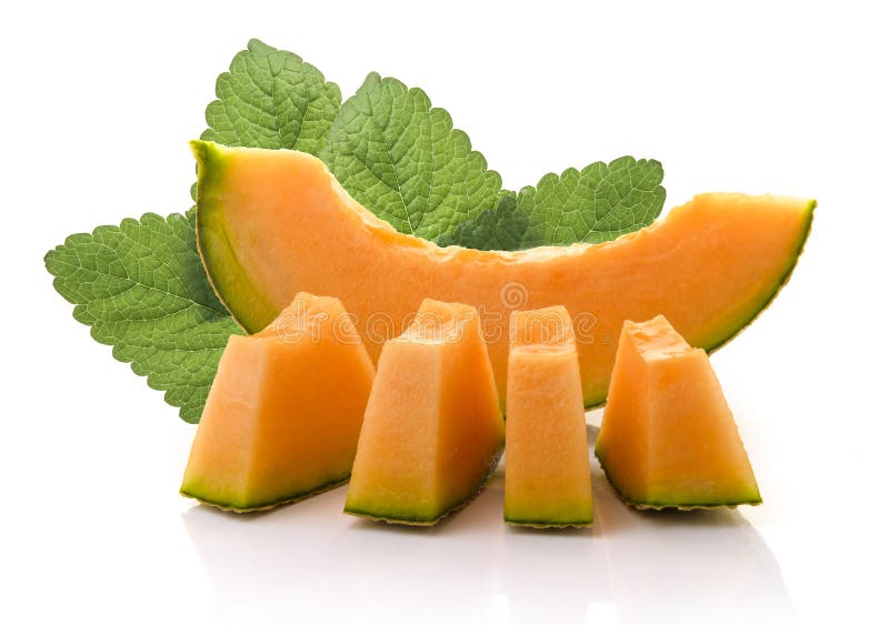 slice of japanese melons, orange melon or cantaloupe melon with seeds isolated on white background