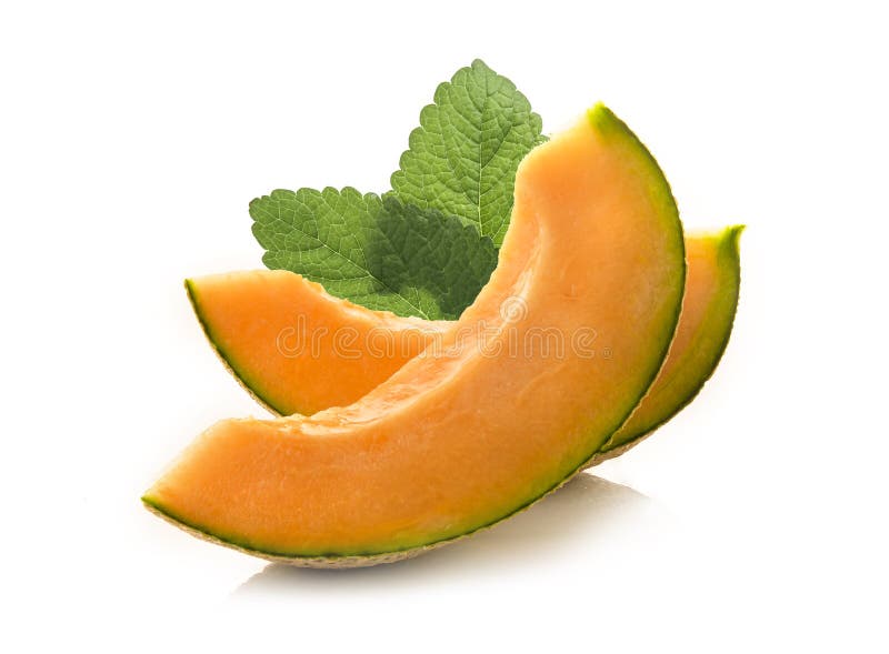 slice of japanese melons, orange melon or cantaloupe melon with seeds isolated on white background