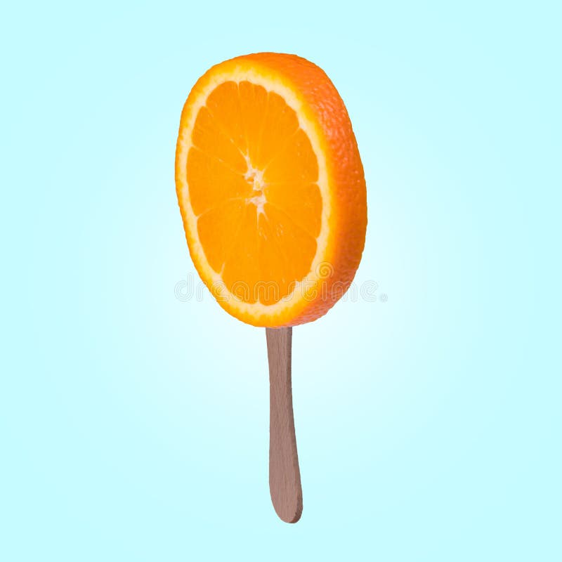 Slice of Orange on a Popsicle Stick on a Blue Background Stock Photo