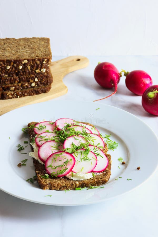Slice Of Whole Grain Rye Bread With Cream Cheese Radishes And Dill Stock Photo Image Of Homemade Breakfast 126240988