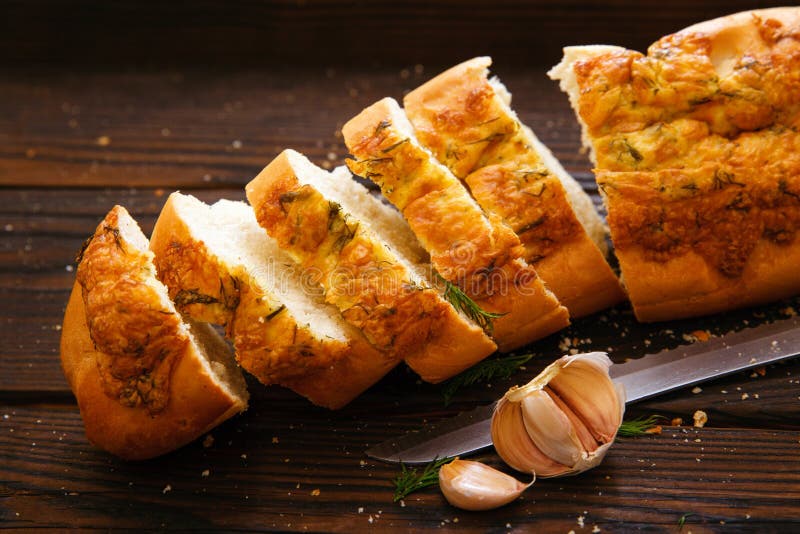 Sliced Baguette with Garlic and Cheese Stock Image Image of crispy