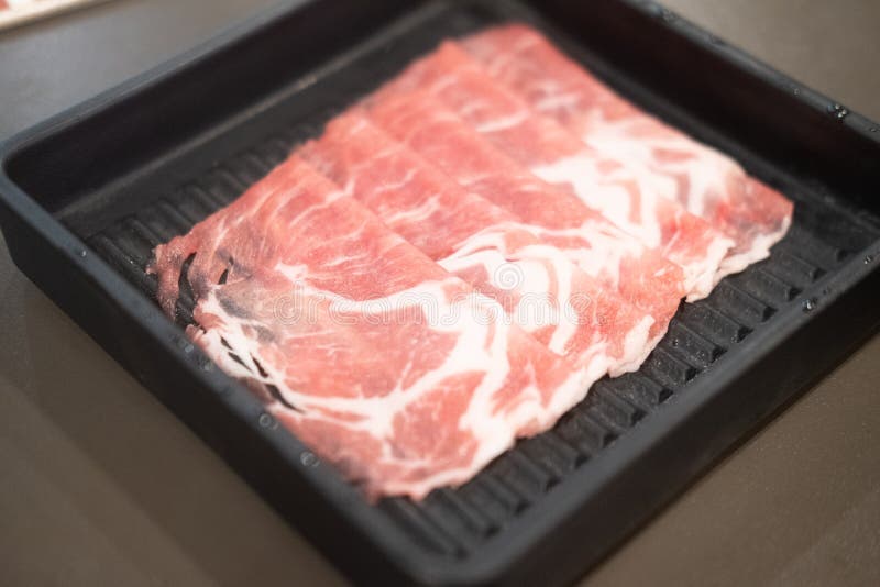 Sliced Beef for Shabu Hot Pot on Black Tray Stock Image Image of