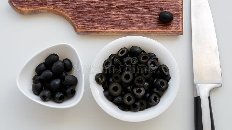 Sliced black olives and whole olives in a white bowls, brown wooden cutting board and sharp chef knife on a kitchen table.