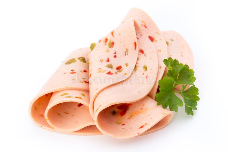 Sliced Boiled Ham Sausage Isolated on White Background, Top View Stock