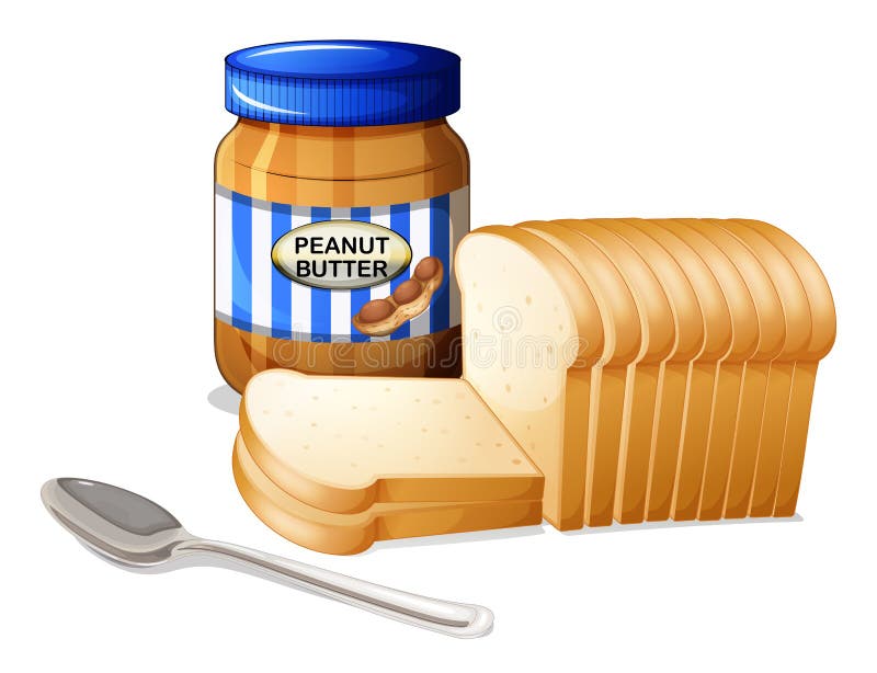 Illustration of the sliced breads and a bottle of peanut butter on a white ...