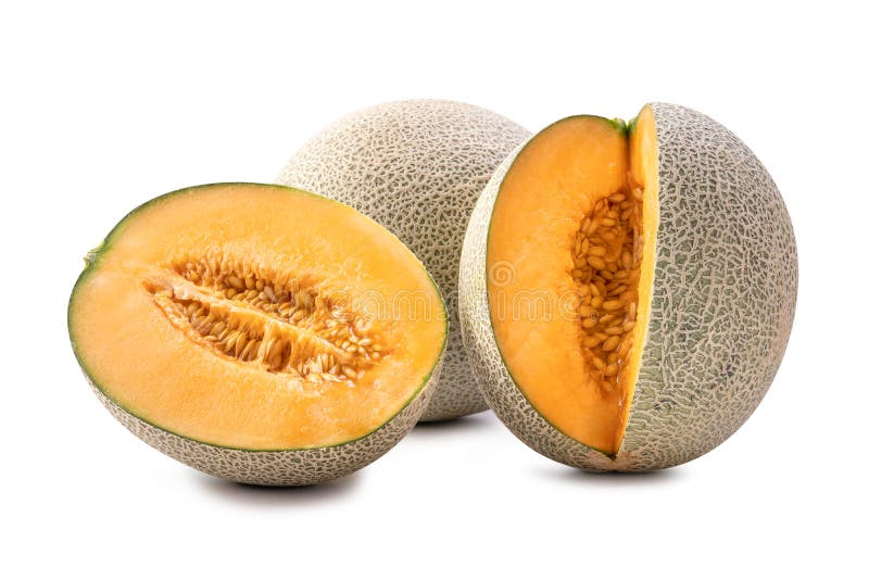 Sliced cantaloupe - Close up, clipping path, cut out. Beautiful tasty fresh ripe rock cantaloup melon fruit with seeds isolated on