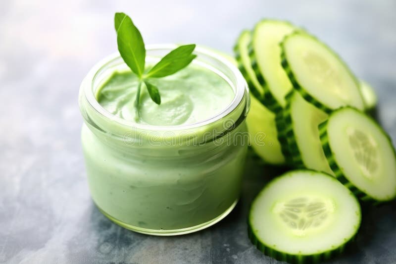 A sliced cucumber over a clay mask jar, created with generative ai AI generated