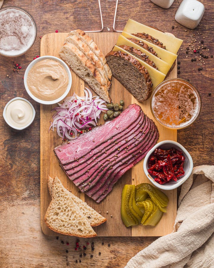 Sliced Deli Pastrami on Wooden Board, Flat Lay Stock Photo Image of