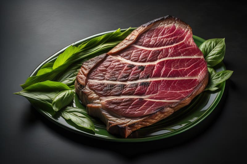 Sliced Fresh Beef Steak with Basil Leaves on a Black Background