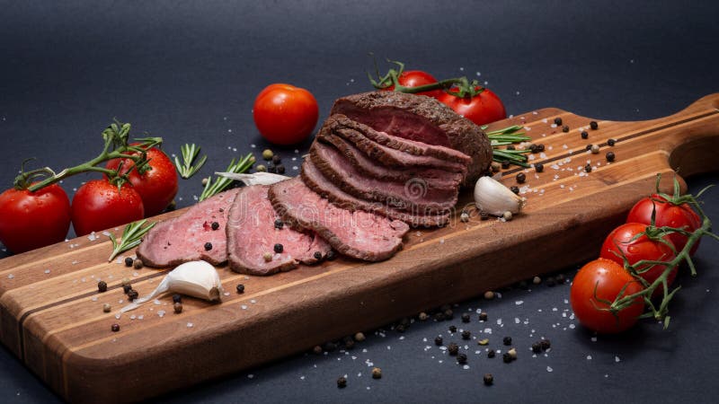 Sliced Grass Fed juicy Corn Roast Beef garnished with Tomatoes, Fresh Rosemary Herb, Garlic and Rainbow Peppercorns