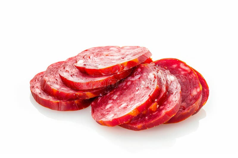 Sliced Italian Genoa salami, a flavorful and savory cured meat delicacy enjoyed in various dishes, isolated on a white royalty free stock images