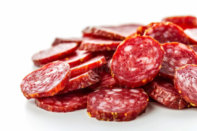 Sliced Italian Genoa salami, a flavorful and savory cured meat delicacy enjoyed in various dishes, isolated on a white stock image