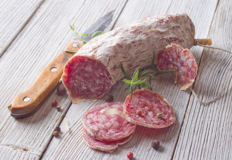 Sliced Pork Bologna Salami On The Wooden Board Stock Photo Image of