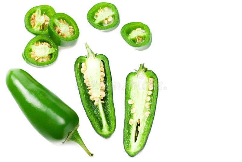 sliced jalapeno peppers isolated on white background. Green chili pepper. Capsicum annuum. top view