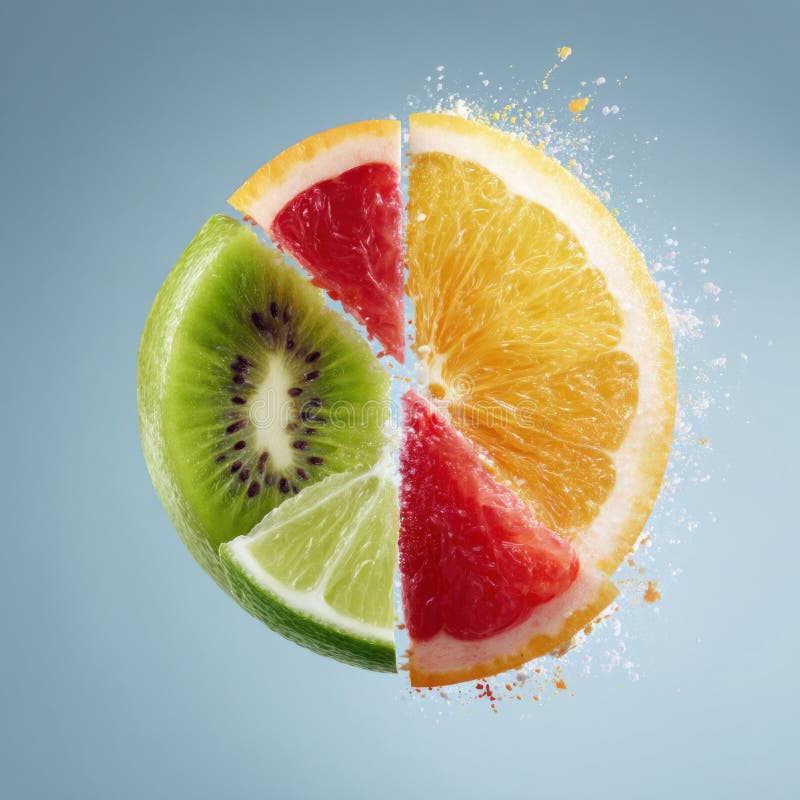 Sliced kiwi, orange, lime and grapefruit forming a circle and exploding with juice royalty free stock image