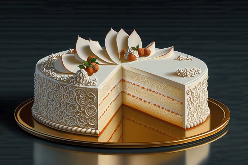 Sliced Layered White Cake White Cream. Cake Drawing. Generative AI