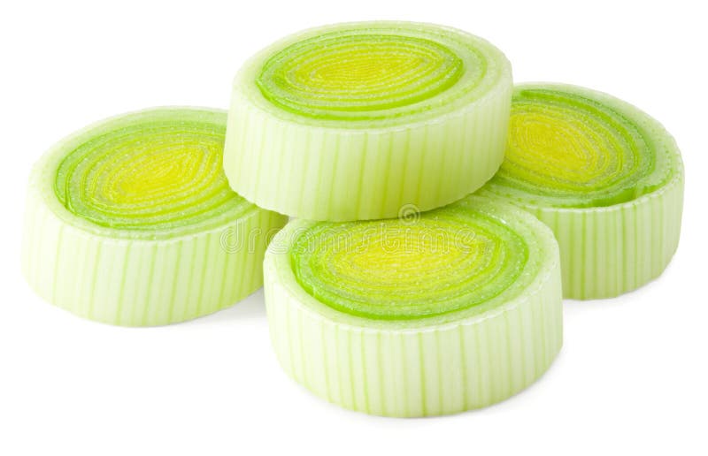 Sliced leek isolated on white background. with clipping path. full depth of field stock photos