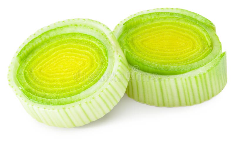 Sliced leek isolated on white background. with clipping path. full depth of field royalty free stock photo