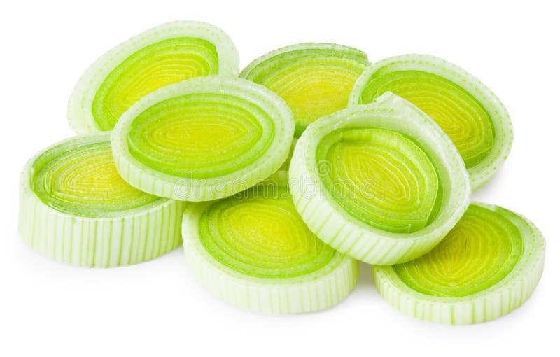 Sliced leek isolated on white background. with clipping path. full depth of field stock photos