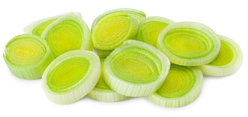 Sliced leek isolated on white background. with clipping path. full depth of field stock photo