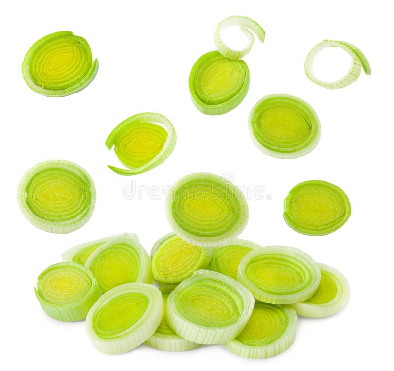 Sliced leek isolated on white background. with clipping path. full depth of field stock photos